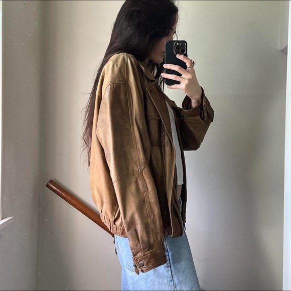 Vintage Y2K brown leather bomber jacket - Picture 6 of 13